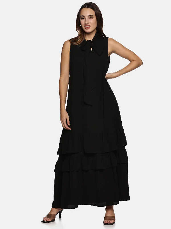 Sleeveless Dress In RayonBlack Tiered Sleeveless Dress-17429