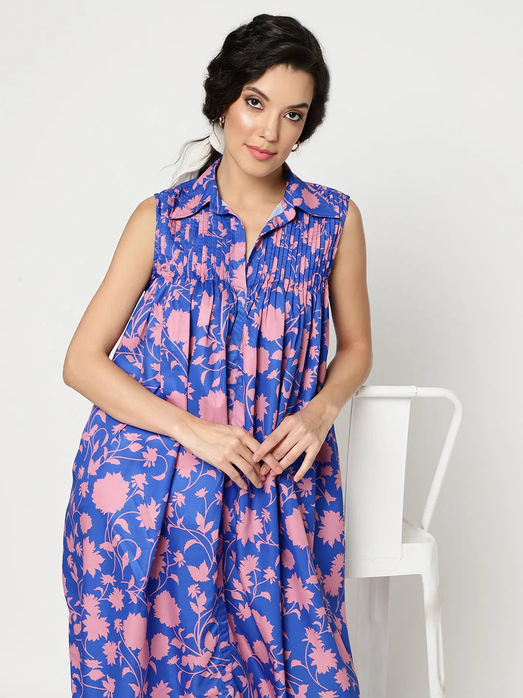 Sleeveless Dress For SummerFloral Digital Printed Sleeveless Dress With Gathered Loose Fit