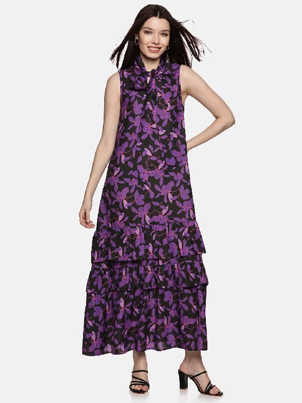 Sleeveless Dress In GeorgetteFloral Purple Tiered Sleeveless Dress-17397