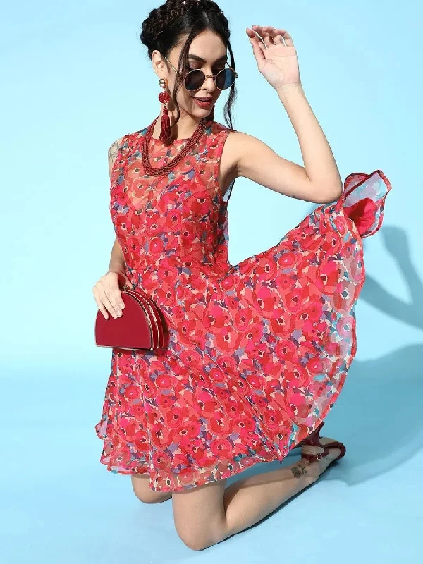 Sleeveless Dress ElegantFuchsia Floral Organza Sleeveless Skater Dress