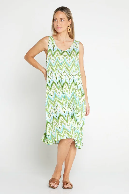 Sleeveless Dress With FlowersSienna Sleeveless Petite Length Dress - Green/Aqua Ikat