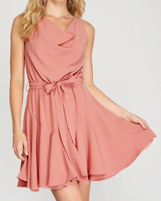 Sleeveless Dress With Sleeves (convertible)Sleeveless Cowl Neck Flounce Woven Dress With Sash In Dusty Rose