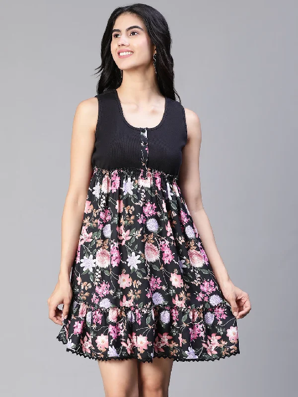 Sleeveless Dress With FlowersWomen Black Floral Print Round Neck Sleeveless Buttoned Dress-S23134WDR001