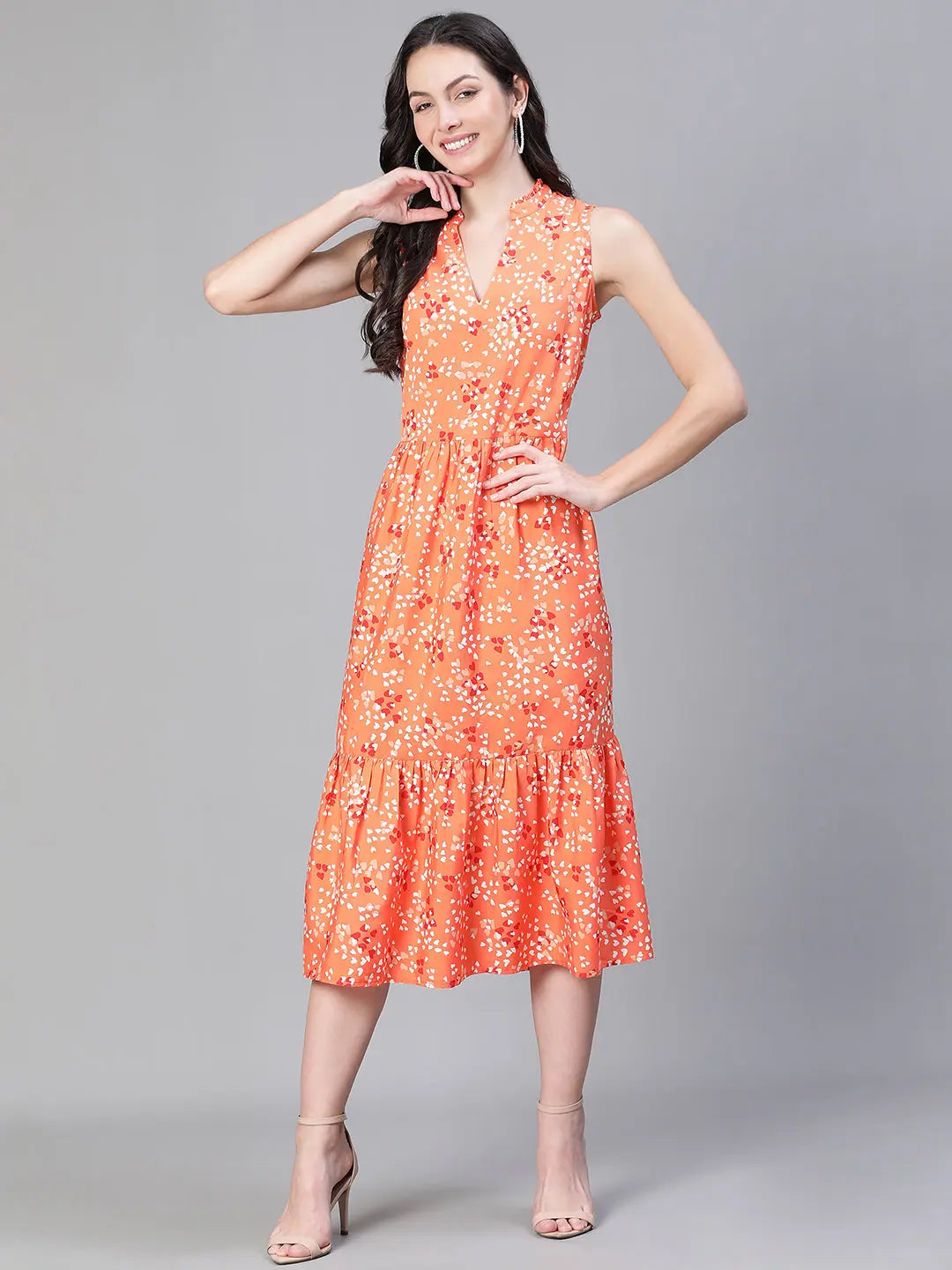 Sleeveless Dress HomecomingWomen floral print organe v-neck sleeveless flare dress