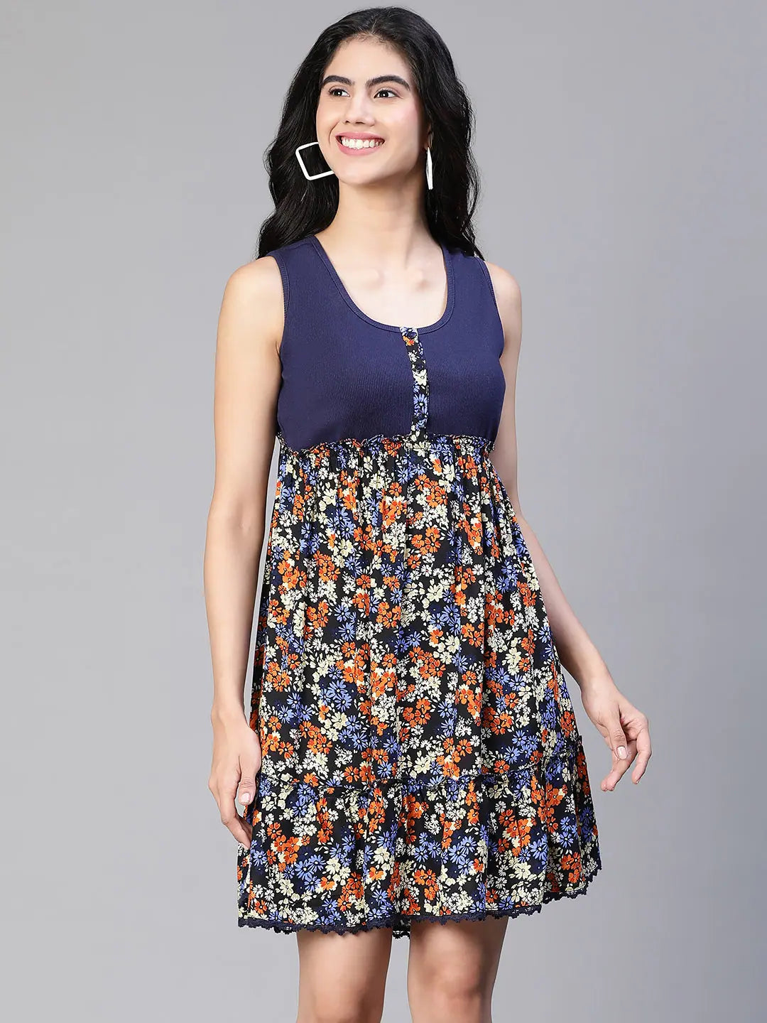 Sleeveless Dress With Mermaid TailWomen multicolor floral print round neck sleeveless buttoned dress-S23134WDR002_S