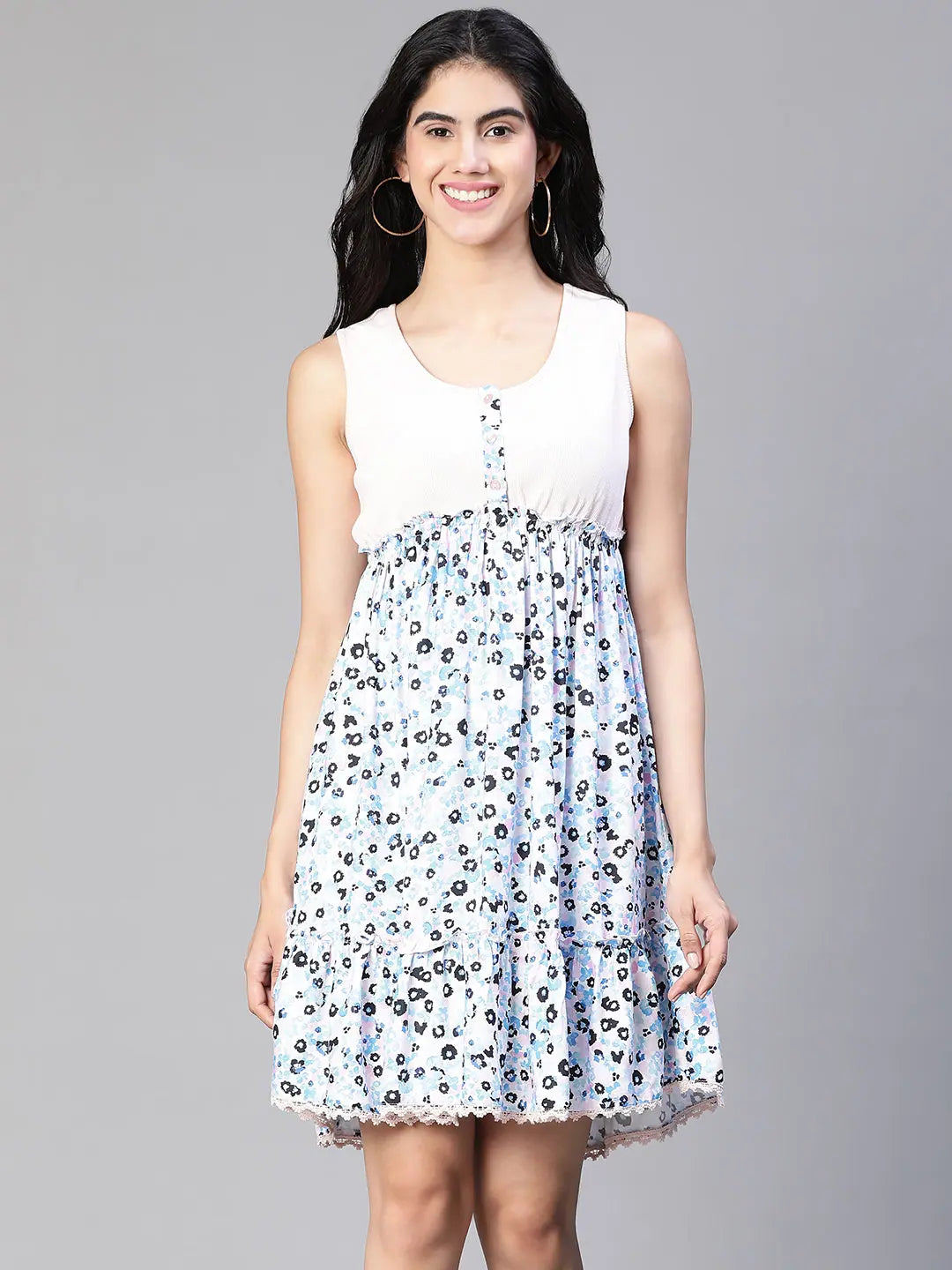 Sleeveless Dress With Sheath CutWomen multicolor floral print round neck sleeveless buttoned dress-S23134WDR003_S