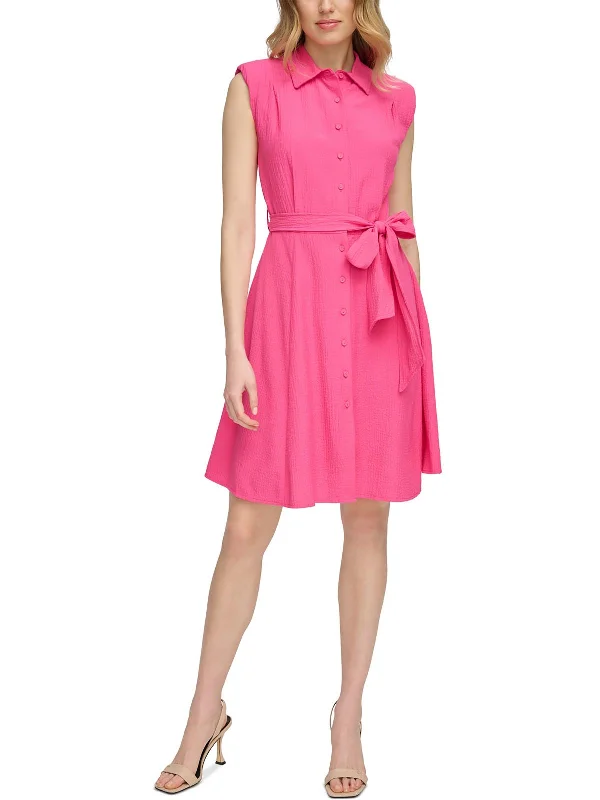 Sleeveless Dress In SatinWomens Belted Sleeveless Shirtdress